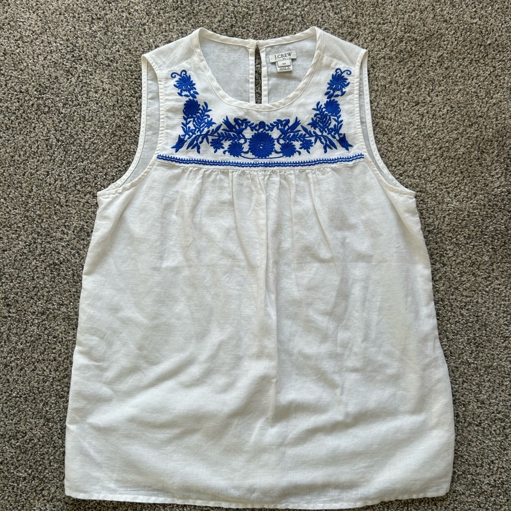 JCrew White and Blue Embroidered Sleeveless Top